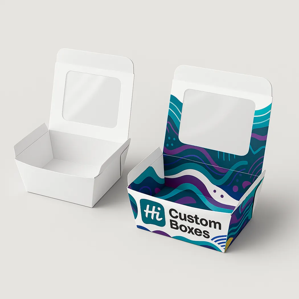 Open shallow food boxes featuring a clear window in the lid and colourful wavy patterns- class=